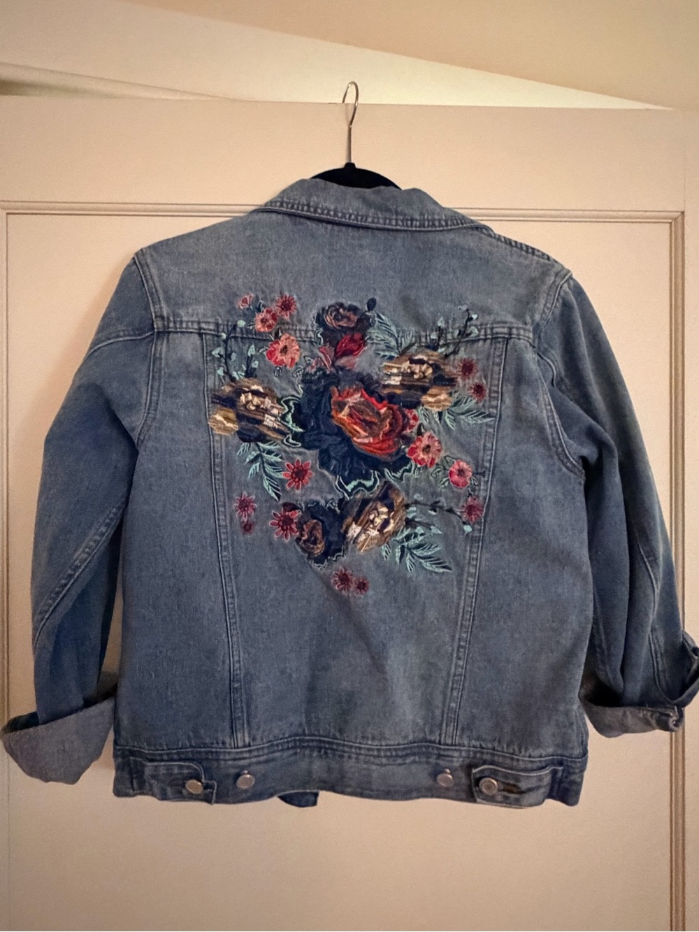 Blu Pepper Light Blue Denim Jacket with Multicolor Floral Embroidery
